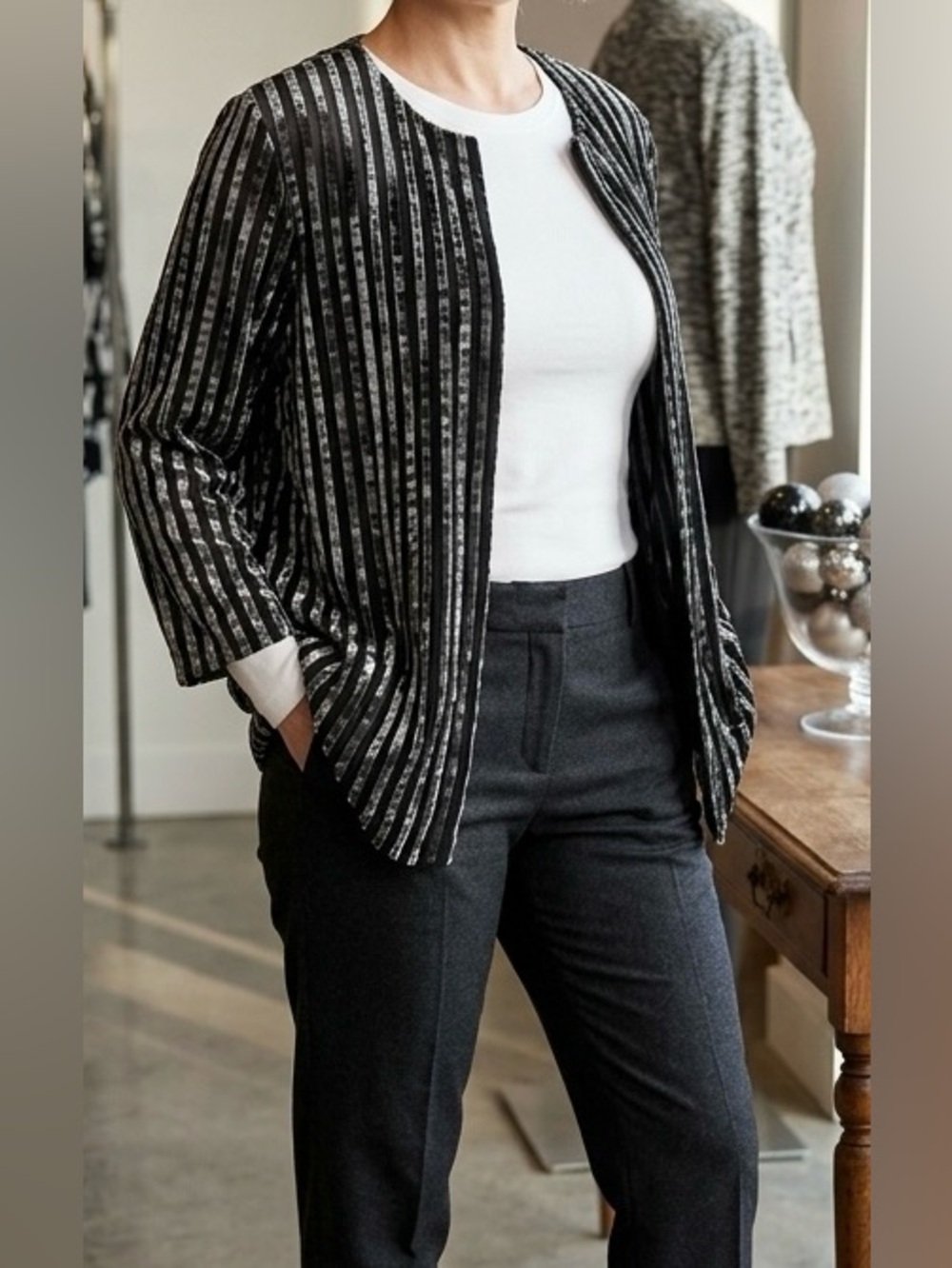 Chico's Easywear Striped Falls Burnout Jacket L